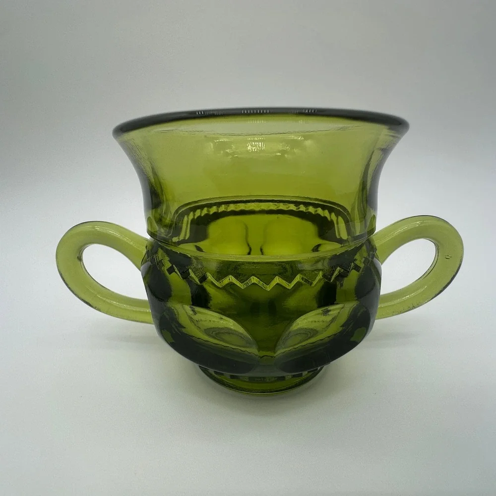Indiana Glass Kings Crown Thumbprint Olive Green Sugar Bowl and Tray Set Vintage